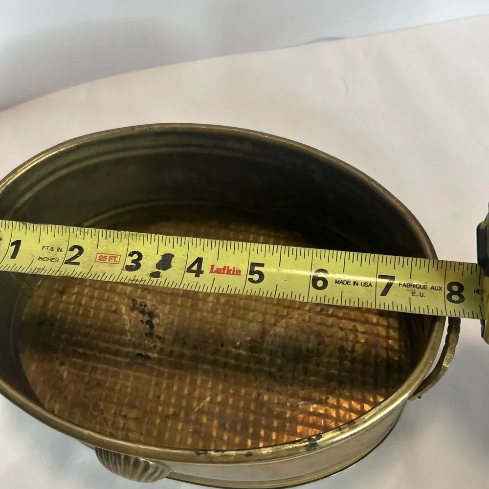 Vintage MCM Brass Oval Planter w Handles and Scallop Shell 8x5.5 Patina Nautical